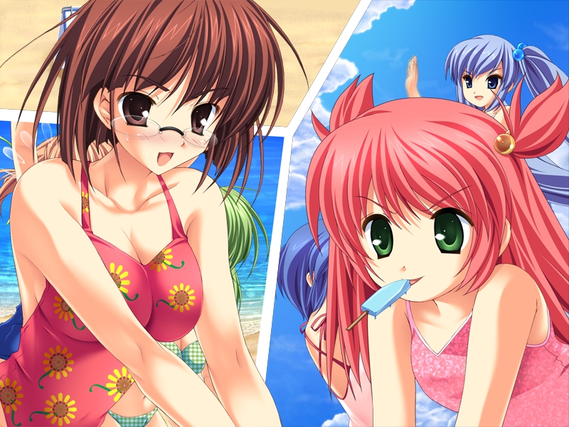 brown_hair glasses green_eyes long_hair one-piece one-piece_swimsuit popsicle red_hair redhead short_hair swimsuit