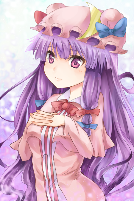hair_ribbon hands_on_own_chest hat hat_ribbon interlocked_fingers long_hair mamepon patchouli_knowledge purple_eyes purple_hair ribbon ribbons touhou violet_eyes