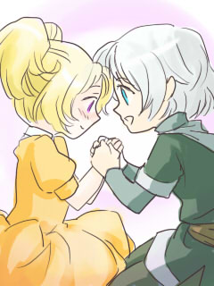1girl aqua_eyes blonde_hair cecil_harvey child couple dress final_fantasy final_fantasy_iv holding_hands lowres masu masu_(artist) open_mouth pigtails purple_eyes rosa_farrell short_twintails smile twintails white_hair young