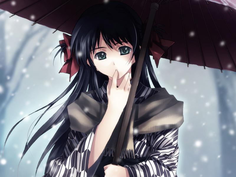 cartagra game_cg green_eyes kouzuki_kazuna long_hair oriental_umbrella snow sugina_miki umbrella yagasuri