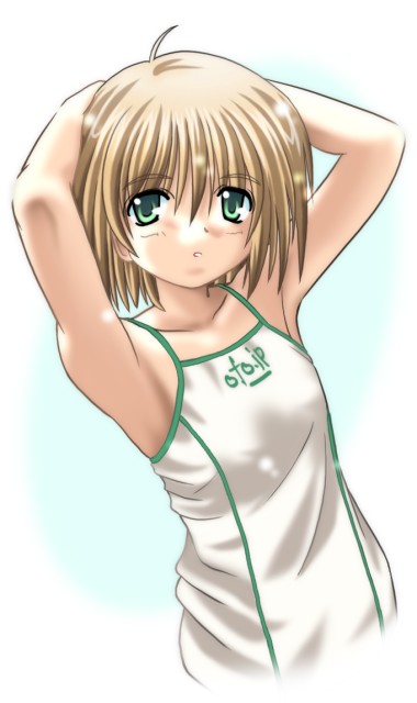 armpits casual green_eyes hand_on_head mishiki_sakana short_hair