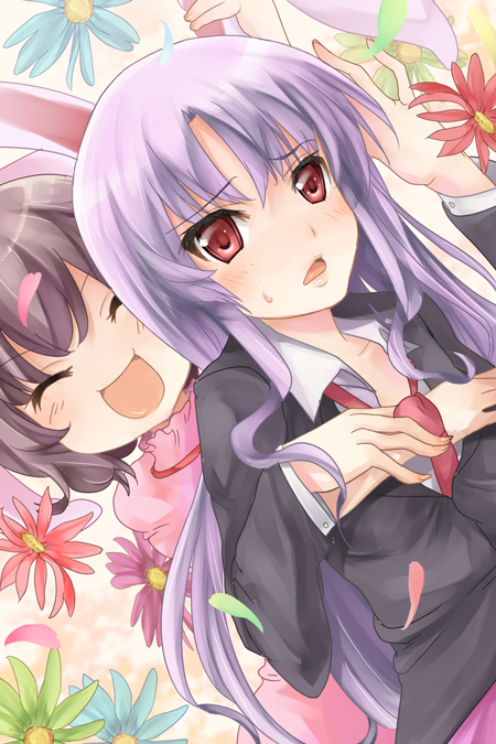animal_ears bad_id brown_hair bunny_ears ear_grab flower formal inaba_tewi long_hair mamepon multiple_girls necktie petals purple_hair rabbit_ears red_eyes reisen_udongein_inaba short_hair skirt_suit suit touhou unbuttoned you_gonna_get_raped