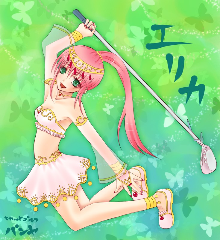 golf_club green_eyes hana long_hair no_socks pangya pink_hair ponytail see-through