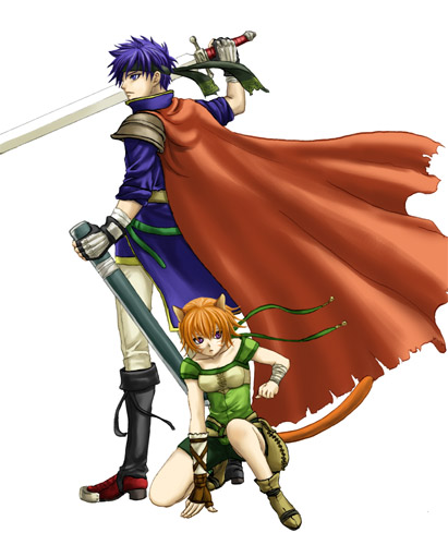 blue_eyes blue_hair cape fire_emblem fire_emblem:_souen_no_kiseki fire_emblem_path_of_radiance fire_emblem_radiant_dawn gloves headband ike lethe lowres orange_hair sword tail weapon