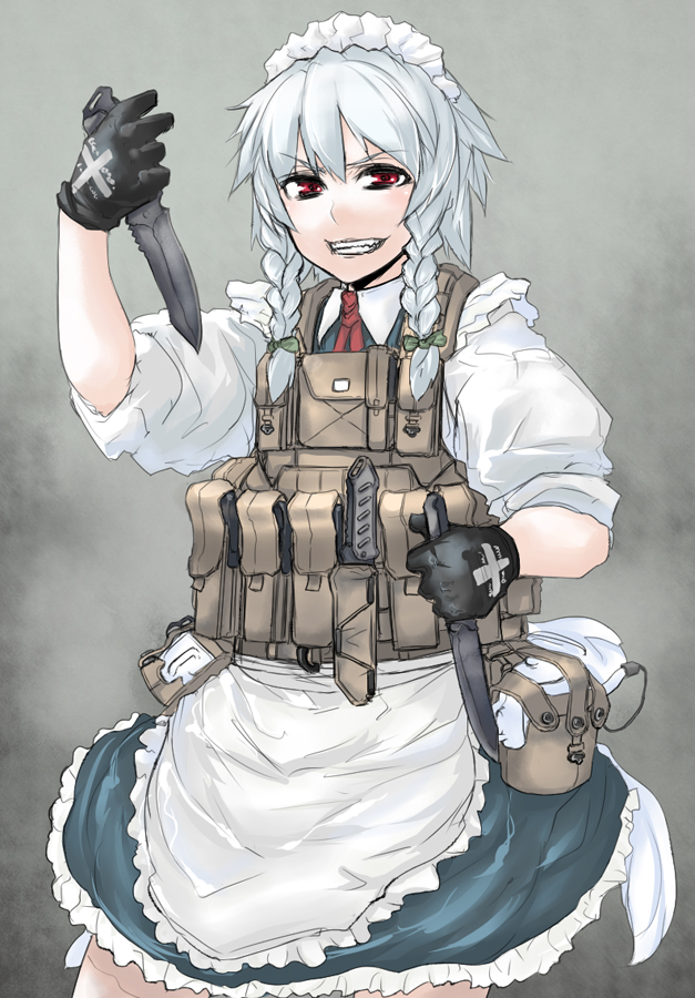 gloves grin izayoi_sakuya knife load_bearing_vest maid military operator red_eyes sigama sigma_(artist) silver_hair sleeves_rolled_up smile touhou twin_braids vest