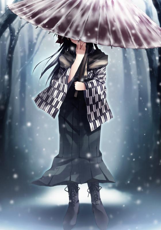 boots cartagra game_cg green_eyes japanese_clothes kouzuki_kazuna long_hair miki_sugina oriental_umbrella scarf snow sugina_miki umbrella yagasuri