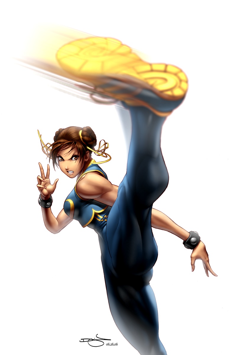 angry bodysuit bolero breasts brown_eyes brown_hair capcom china_dress chinadress chinese_clothes chun-li double_bun double_buns high_kick highres huge_breasts kick kicking large_breasts leotard lips makeup motion_blur muscle official_art omar_dogan shoes short_hair signature skin_tight sneakers street_fighter street_fighter_ii street_fighter_zero street_fighter_zero_i thick_thighs thighs unitard