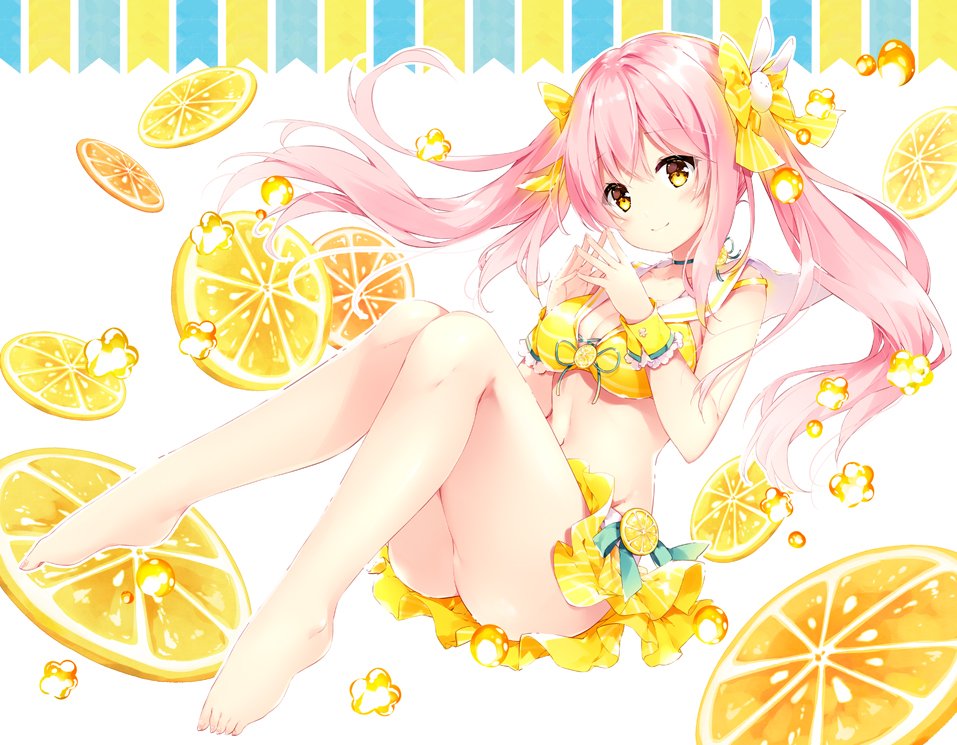 1girl bangs bare_legs barefoot bikini bikini_skirt blush bow breasts bunny_hair_ornament choker cleavage commentary_request eyebrows_visible_through_hair feet fingers_together food food_themed_clothes fruit fruit_background full_body hair_bow hair_ornament jpeg_artifacts knees_together_feet_apart knees_up large_breasts legs lemon lemon_slice long_hair looking_at_viewer mochizuki_shiina navel original pink_hair sailor_bikini sailor_collar sidelocks simple_background smile solo striped striped_bikini striped_bow swimsuit toes twintails white_background wrist_cuffs yellow_bikini yellow_bow yellow_eyes