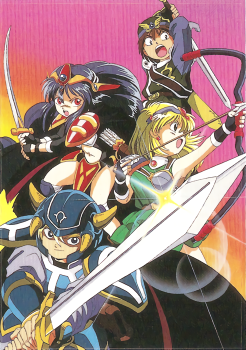 2boys 2girls 90s arms_up arrow black_hair blonde_hair blue_eyes bow_(weapon) drawing_bow fingerless_gloves gloves hat headgear helmet holding holding_arrow holding_bow_(weapon) holding_sword holding_weapon horned_helmet kouryuu_densetsu_villgust long_hair long_sleeves looking_at_viewer multiple_boys multiple_girls official_art open_mouth pauldrons quiver red_eyes short_hair sword two-handed weapon