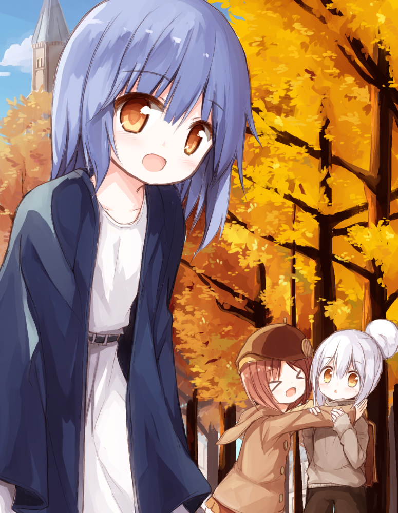 &gt;_&lt; 3girls :d autumn autumn_leaves backpack bag bangs belt black_belt blue_hair blue_jacket blue_sky blush brown_eyes brown_hair brown_jacket brown_pants brown_skirt brown_sweater clouds collarbone day dress eyebrows_visible_through_hair hair_between_eyes hair_bun hood hood_down hooded_jacket jacket long_sleeves multiple_girls open_clothes open_jacket open_mouth original outdoors pants parted_lips pleated_skirt silver_hair skirt sky sleeves_past_wrists smile standing sweater tower tree white_dress xd yuuhagi_(amaretto-no-natsu)