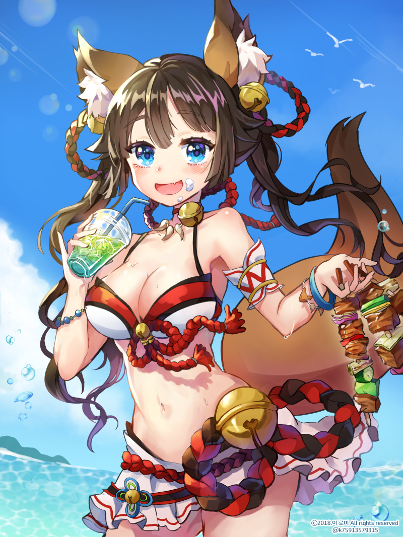 1girl animal_ears armband bare_shoulders bead_bracelet beads bell bell_collar bikini bikini_skirt bird blue_eyes blush bracelet breasts brown_hair bubble cleavage collar commentary cup day drinking_straw eyebrows_visible_through_hair fang food food_on_face fox_ears fox_girl fox_tail hair_bell hair_ornament holding holding_cup holding_food jewelry jingle_bell lerome looking_at_viewer ocean open_mouth original outdoors rope seagull seashell_bracelet seashell_necklace shimenawa skirt sky smile solo stomach summer swimsuit tail twintails water wet white_skirt yakitori