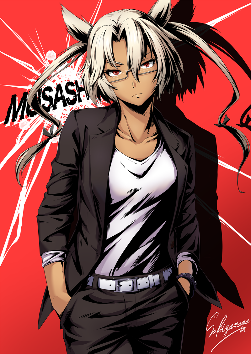 1girl alternate_costume artist_name belt_buckle black_jacket black_pants bracelet breasts buckle character_name collarbone dark_skin glasses hair_ears hands_in_pockets jacket jewelry kantai_collection long_hair long_sleeves looking_at_viewer medium_breasts musashi_(kantai_collection) open_clothes open_jacket pants platinum_blonde red_background red_eyes sakiyamama shadow shirt solo spiked_bracelet spikes twintails upper_body white_belt white_shirt