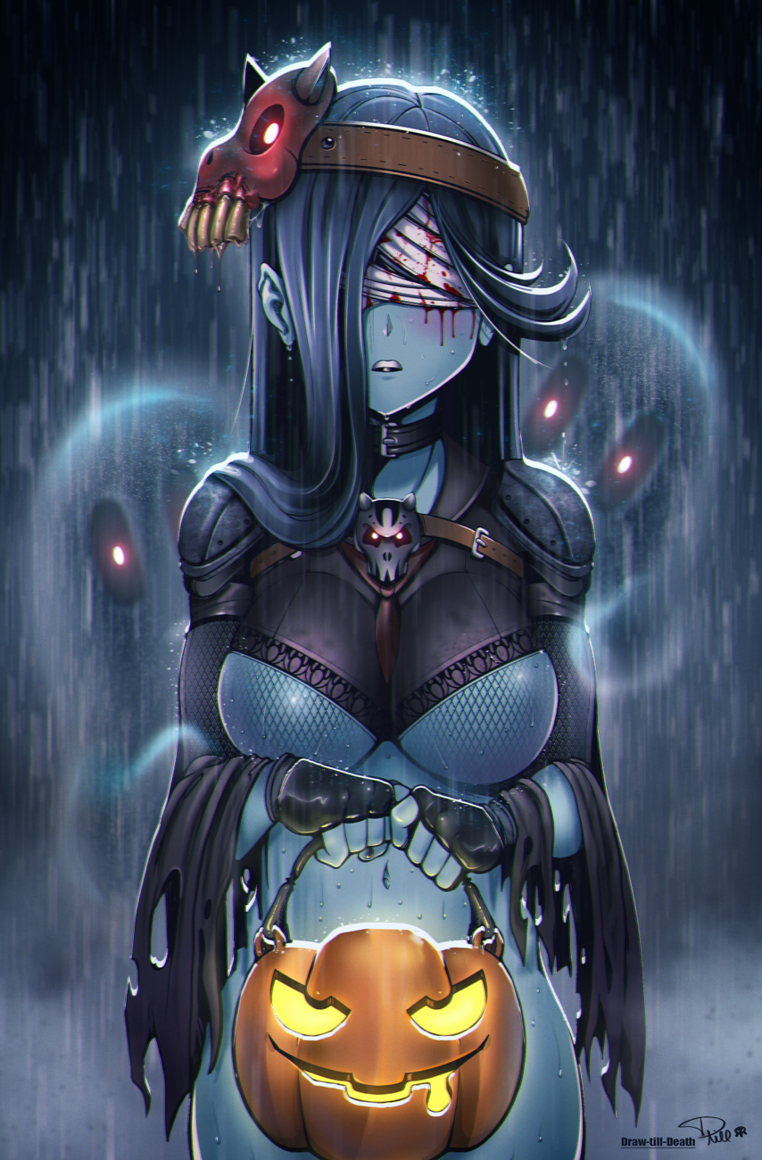 1girl bandage black_gloves blindfold blood blue_hair blue_skin blush bottomless breasts chains draw-till-death facing_viewer fingerless_gloves ghost gloves halloween highres jack-o'-lantern long_hair mask mask_on_head navel open_mouth original pauldrons rain teeth torn_clothes wet