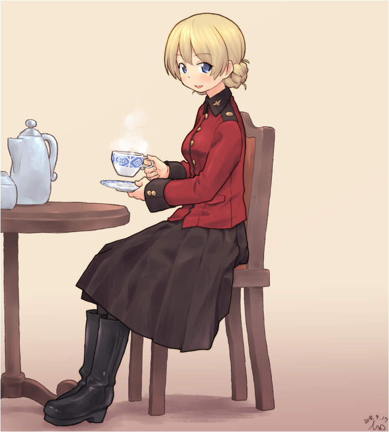 1girl adapted_uniform artist_name bangs black_footwear black_legwear black_skirt blonde_hair blue_eyes boots commentary cup darjeeling dated emblem epaulettes eyebrows_visible_through_hair from_side girls_und_panzer holding jacket long_sleeves medium_skirt military military_uniform open_mouth pantyhose pleated_skirt red_jacket saucer short_hair signature sitting skirt smile solo st._gloriana's_military_uniform steam table teacup teapot tessaku_ro tied_hair uniform wooden_chair wooden_table