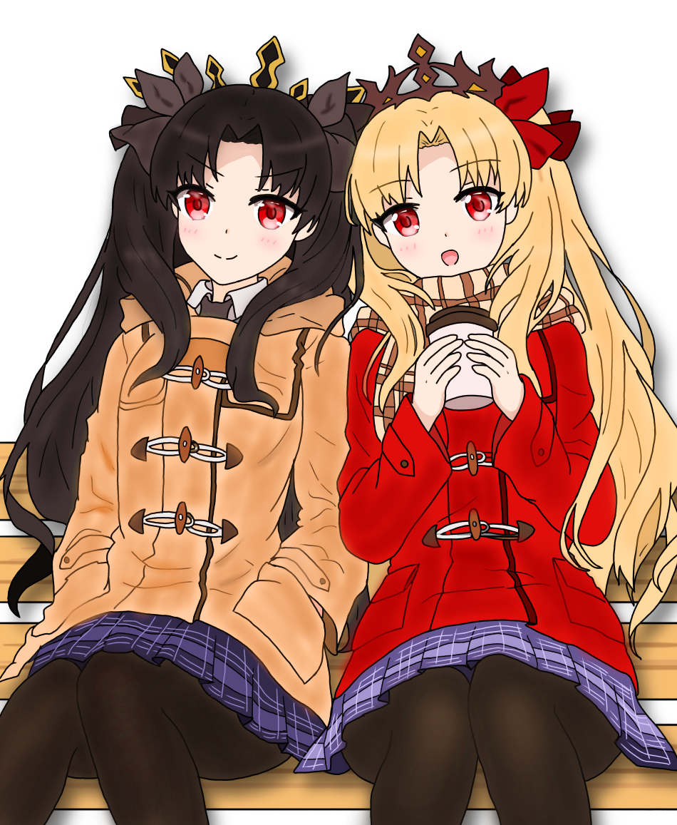 2girls :d atsumisu bangs bench black_legwear blonde_hair blue_skirt blush brown_coat brown_hair brown_ribbon brown_scarf closed_mouth coat coffee_cup commentary_request cup disposable_cup duffel_coat ereshkigal_(fate/grand_order) eyebrows_visible_through_hair fate/grand_order fate_(series) hair_ribbon hands_up holding holding_cup ishtar_(fate/grand_order) long_hair long_sleeves multiple_girls on_bench open_mouth pantyhose park_bench parted_bangs plaid plaid_scarf plaid_skirt pleated_skirt red_coat red_eyes red_ribbon ribbon scarf sitting skirt smile tiara two_side_up very_long_hair white_background