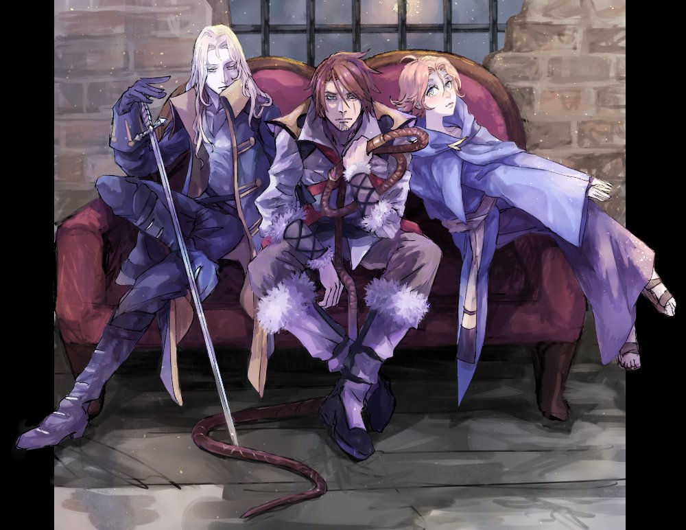 1girl 2boys alucard_(castlevania) boots brick_wall brown_hair castlevania castlevania_(netflix) cloak couch fur_trim jacket multiple_boys open_collar piyox9 ralph_c_belmondo sandals sitting sword sypha_belnades v-neck weapon whip window