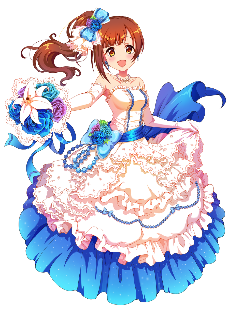 1girl :d blue_bow blue_flower blue_ribbon blue_rose bouquet bow breasts brown_eyes brown_hair collarbone dress earrings elbow_gloves eyebrows_visible_through_hair floating_hair flower full_body gloves hair_bow hair_flower hair_ornament highres holding holding_bouquet idolmaster idolmaster_cinderella_girls igarashi_kyouko jewelry long_dress long_hair looking_at_viewer medium_breasts necklace onumi open_mouth purple_flower purple_rose ribbon rose shiny shiny_hair side_ponytail simple_background skirt_hold sleeveless sleeveless_dress smile solo standing strapless strapless_dress white_background white_dress white_gloves