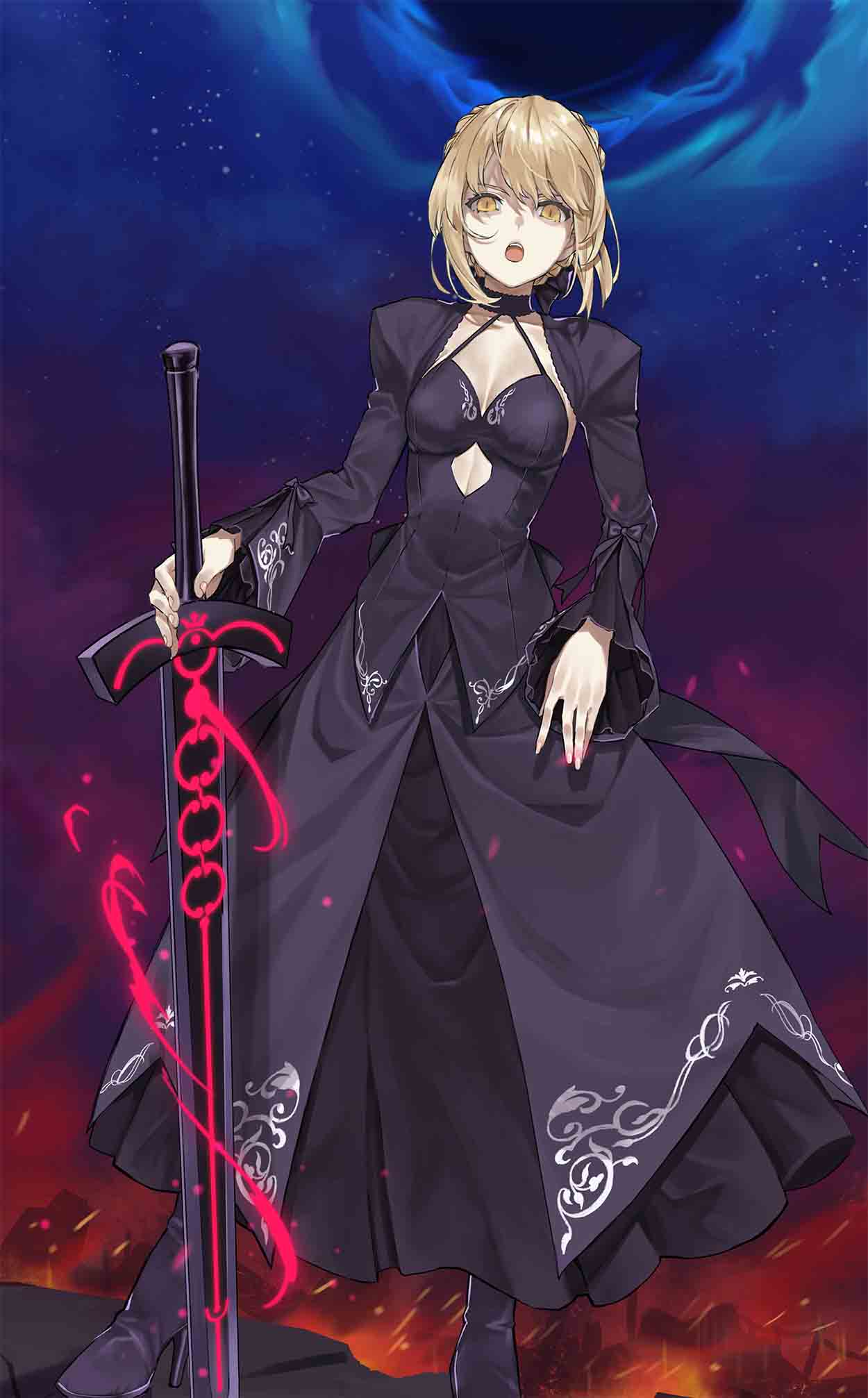 1girl artoria_pendragon_(all) black_dress blonde_hair braid dark_excalibur dress fate/grand_order fate_(series) french_braid full_body gothic_lolita hair_bun highres lolita_fashion looking_at_viewer open_mouth saber_alter standing sword teshima_nari weapon yellow_eyes