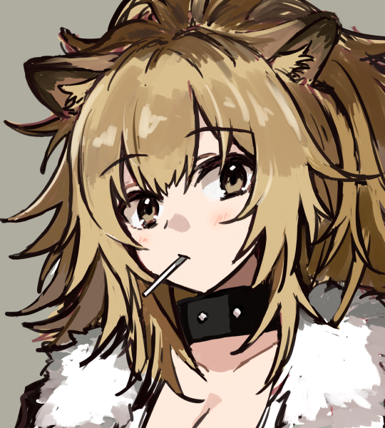 1girl animal_ears arknights bangs blonde_hair candy collar commentary_request exion_(neon) eyebrows_visible_through_hair food food_in_mouth fur_trim grey_background hair_between_eyes jacket lion_ears lollipop long_hair looking_at_viewer siege_(arknights) simple_background solo studded_collar yellow_eyes