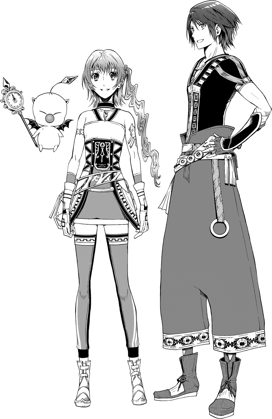 1boy 1girl amatari_sukuzakki commentary_request final_fantasy final_fantasy_xiii final_fantasy_xiii-2 gloves highres jewelry long_hair looking_at_viewer mog monochrome necklace noel_kreiss serah_farron side_ponytail skirt smile staff thigh-highs wings