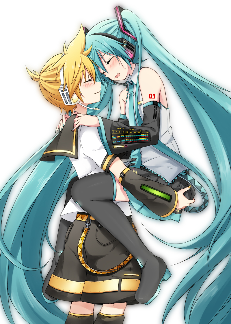 1boy 1girl absurdly_long_hair belt black_footwear black_legwear black_shorts black_skirt black_sleeves blonde_hair blue_hair blue_nails blue_neckwear blush boots carrying closed_eyes couple detached_sleeves floating_hair grey_shirt hands_on_another's_shoulders hatsune_miku headset kagamine_len kneehighs long_hair long_sleeves miniskirt nail_polish necktie open_mouth pleated_skirt sailor_collar shirt short_sleeves shorts simple_background skirt sleeveless sleeveless_shirt smile sudachi_(calendar) thigh-highs thigh_boots twintails very_long_hair vocaloid white_background zettai_ryouiki