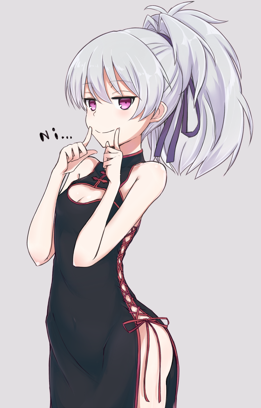 1girl bangs bare_arms bare_shoulders black_dress breasts cleavage cleavage_cutout closed_mouth commentary_request darker_than_black dress eyebrows_visible_through_hair fingersmile grey_background hair_ribbon high_ponytail highres long_hair looking_at_viewer nonono_(mino) ponytail purple_ribbon ribbon side-tie_costume side_slit silver_hair simple_background sleeveless sleeveless_dress small_breasts smug solo violet_eyes yin