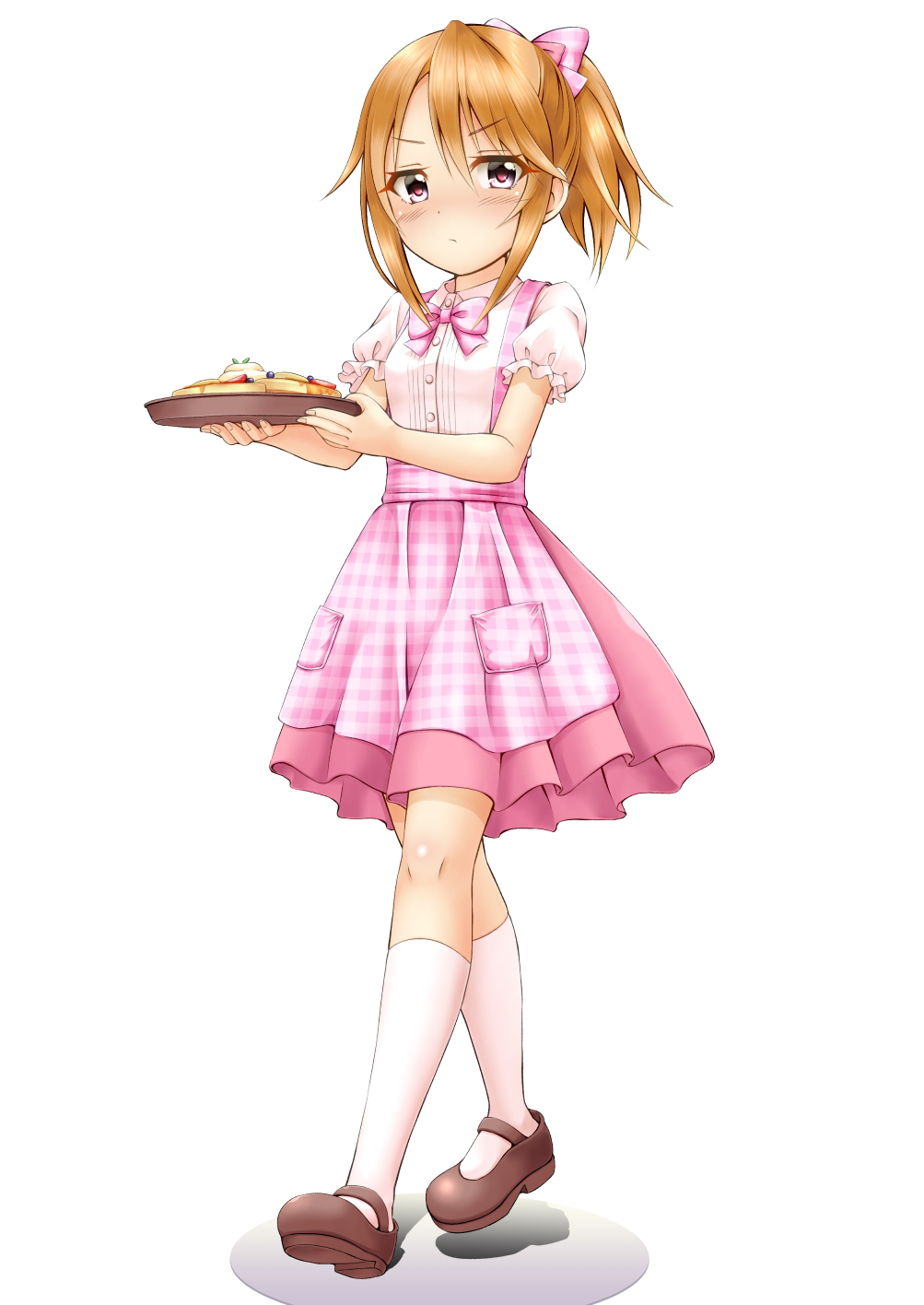 1girl apron bangs blush bow brown_footwear brown_hair closed_mouth collared_shirt dress_shirt eyebrows_visible_through_hair food full_body gingham gingham_apron grey_eyes hair_between_eyes hair_bow highres holding holding_tray idolmaster idolmaster_cinderella_girls idolmaster_cinderella_girls_starlight_stage kneehighs looking_at_viewer mary_janes pink_apron pink_bow pink_skirt plaid plaid_apron plaid_bow pleated_skirt ponytail puffy_short_sleeves puffy_sleeves regular_mow shadow shirt shoes short_sleeves sidelocks skirt solo tray uniform unmoving_pattern waitress walking white_background white_legwear white_shirt yuuki_haru