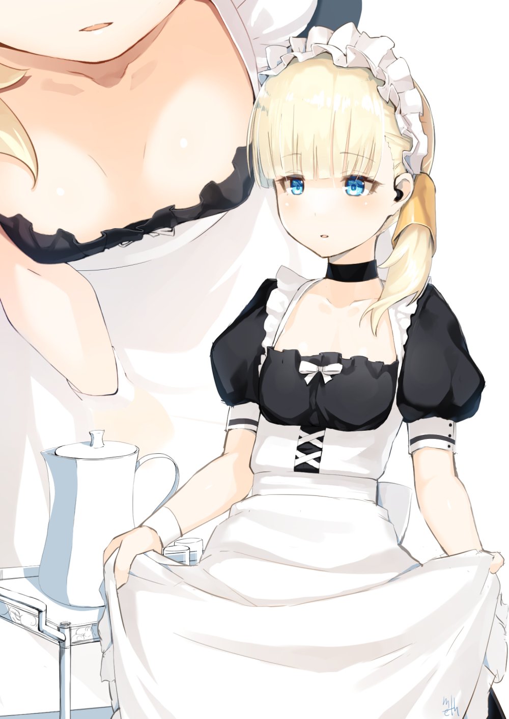 1girl apron apron_lift bangs blonde_hair blue_eyes blunt_bangs blush breasts choker collarbone eyebrows_visible_through_hair hair_ornament highres kantai_collection lifted_by_self long_hair maid maid_headdress meth_(emethmeth) multiple_views open_mouth puffy_short_sleeves puffy_sleeves shin'you_(kantai_collection) short_sleeves side_ponytail signature small_breasts teapot tray