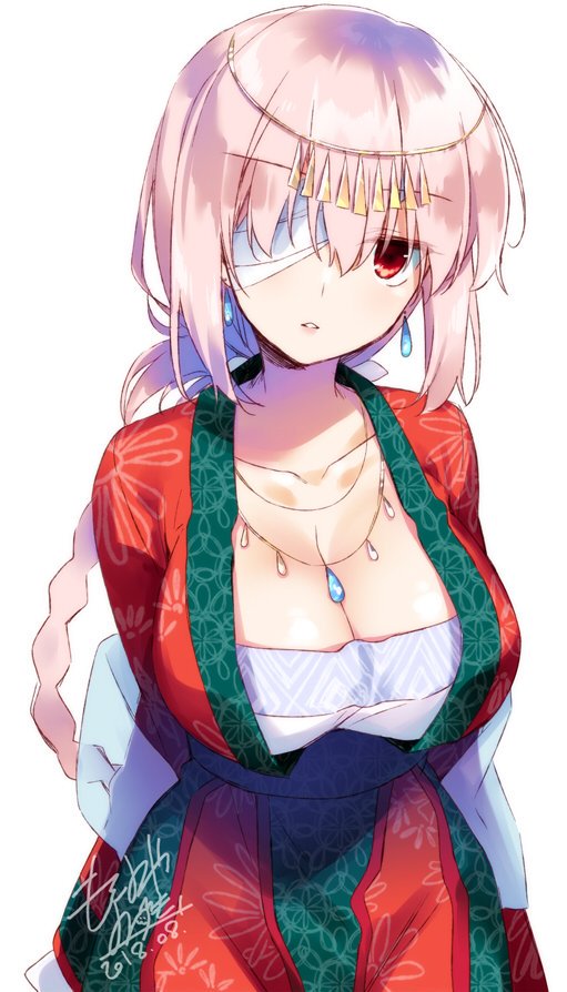 1girl bandage_over_one_eye bangs blush braid breasts cleavage collarbone dated earrings eyebrows_visible_through_hair fate/grand_order fate_(series) florence_nightingale_(fate/grand_order) hair_between_eyes head_tilt jewelry large_breasts long_hair motomiya_mitsuki parted_lips pink_hair red_eyes sidelocks signature simple_background solo very_long_hair white_background