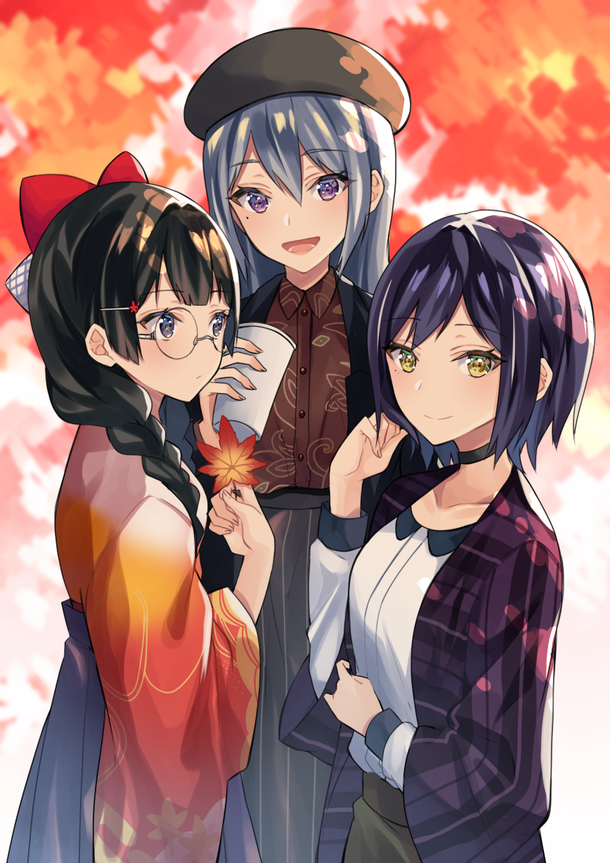 3girls :d autumn bangs beret black_choker black_hair blue_eyes bow braid choker cup disposable_cup eyebrows_visible_through_hair glasses hair_between_eyes hair_bow hair_ornament hair_over_shoulder hairclip hat highres higuchi_kaede holding holding_cup holding_leaf jacket japanese_clothes kimono leaf long_hair long_sleeves looking_at_viewer looking_away maple_leaf mole mole_under_eye multiple_girls nijisanji open_mouth purple_hair round_eyewear ryun025 shirt shizuka_rin short_hair silver_hair single_braid skirt smile tsukino_mito violet_eyes virtual_youtuber wide_sleeves yellow_eyes