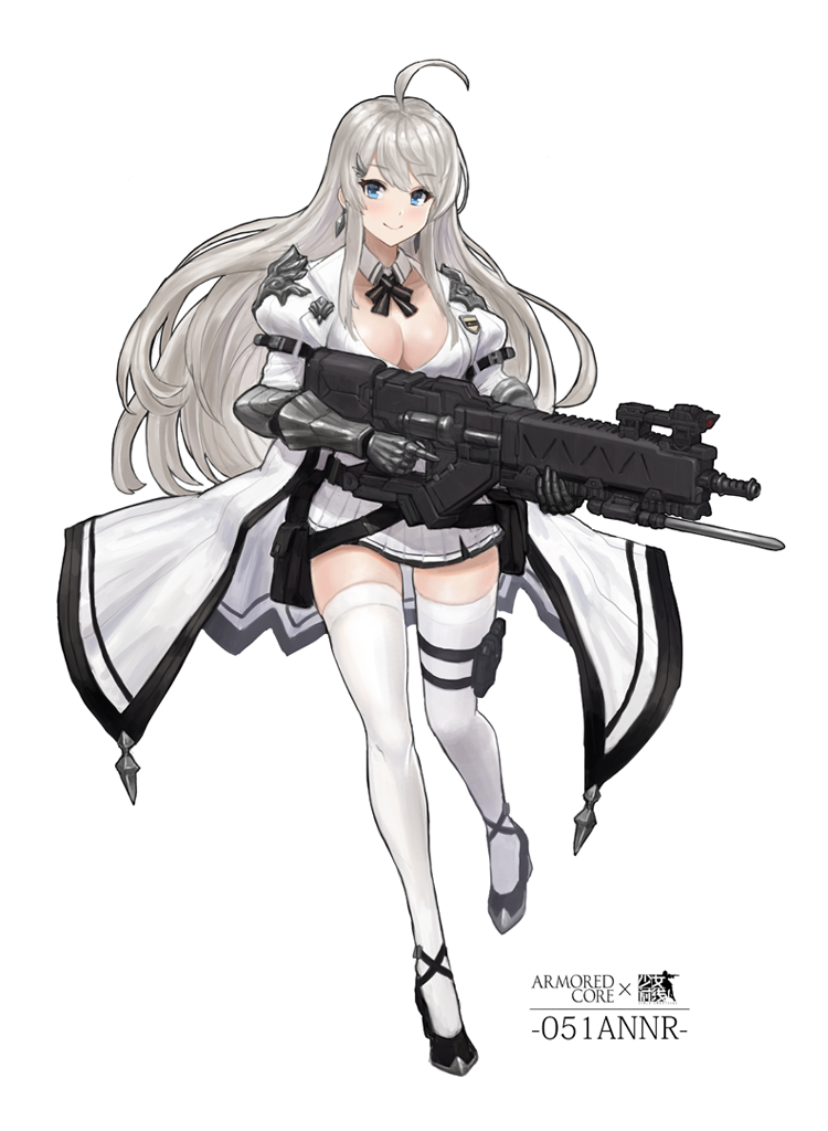 1girl ahoge ammunition_belt ammunition_pouch arm_belt armored_core armored_gloves bangs bayonet belt_buckle black_footwear black_neckwear blue_eyes blush breasts buckle character_name cleavage closed_mouth coat commentary_request detached_collar earrings edward_montenegro eyebrows_visible_through_hair floating_hair full_body gauntlets girls_frontline gun hair_between_eyes holding holding_gun holding_weapon jacket jewelry large_breasts laser_sight leg_up long_hair looking_at_viewer military military_uniform miniskirt neck_ribbon open_clothes open_coat original pantyhose personification pleated_skirt pouch puffy_sleeves ribbon rifle shoulder_armor sidelocks silver_hair simple_background skirt smile solo standing standing_on_one_leg thigh-highs thigh_pouch thigh_strap trigger_discipline uniform very_long_hair weapon white_background white_coat white_legwear white_skirt wing_hair_ornament