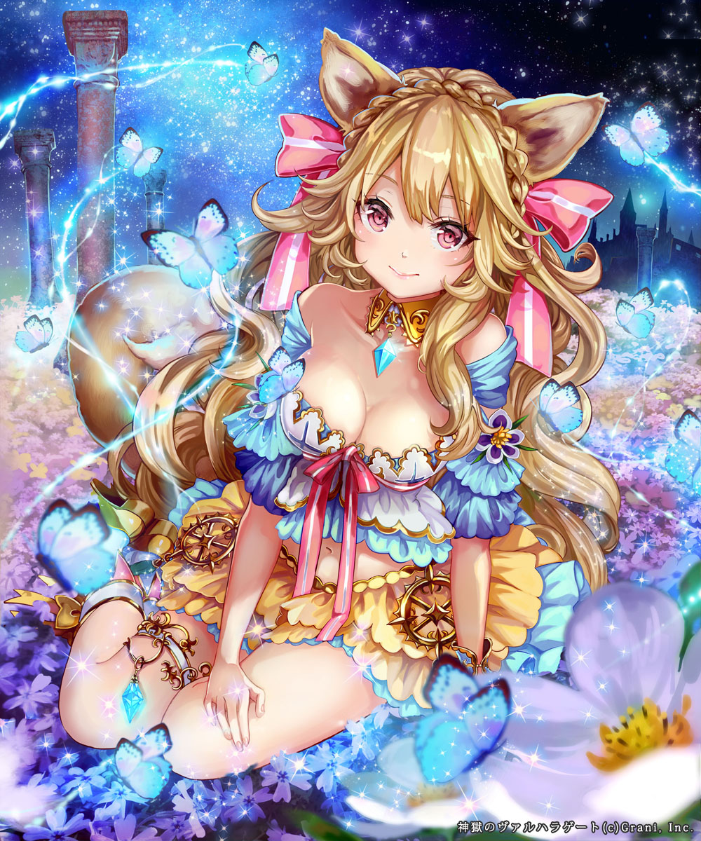 1girl animal_ears arm_support bangs bare_shoulders blonde_hair blue_skirt blush braid breasts brooch bug butterfly character_request chinese_zodiac cleavage closed_mouth commentary_request detached_collar dog_ears dog_girl dress eyebrows_visible_through_hair field flower flower_field french_braid glowing_butterfly hair_ribbon highres insect jewelry layered_skirt long_hair looking_at_viewer medium_breasts midriff navel night off-shoulder_dress off_shoulder pink_ribbon pisuke red_eyes ribbon shingoku_no_valhalla_gate short_sleeves sitting skirt sky smile solo star_(sky) starry_sky tail thigh_strap very_long_hair wavy_hair wing_collar year_of_the_dog yellow_skirt