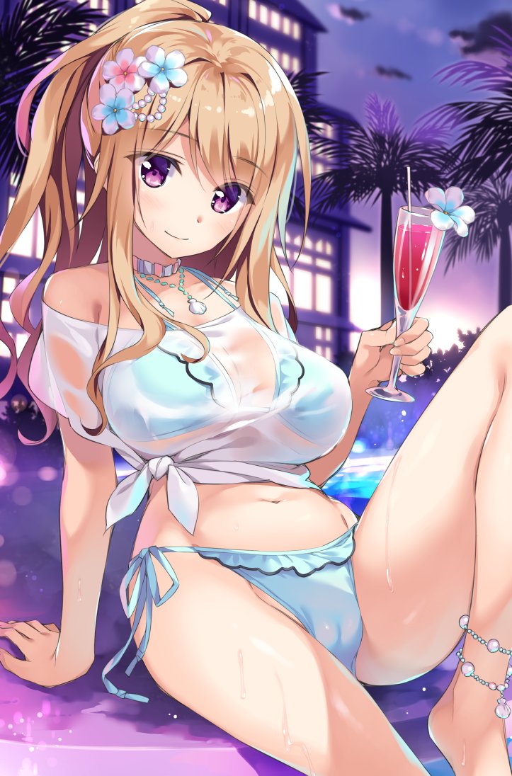 1girl bangs bare_legs bikini blonde_hair blue_bikini blush breasts closed_mouth cocktail cocktail_glass collarbone cup drinking_glass evening eyebrows_visible_through_hair flower frilled_bikini frills hair_flower hair_ornament large_breasts leg_up long_hair looking_at_viewer navel original oryou outdoors ponytail see-through shirt sidelocks sitting smile solo sunset swimsuit thighs tied_shirt violet_eyes white_shirt