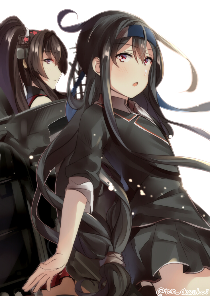 2girls black_hair blazer cherry_blossoms chestnut_mouth commentary_request cowboy_shot from_behind hatsushimo_(kantai_collection) headband headgear jacket juurouta kantai_collection long_hair looking_at_viewer low-tied_long_hair machinery multiple_girls open_mouth pleated_skirt ponytail red_eyes remodel_(kantai_collection) school_uniform simple_background skirt white_background yamato_(kantai_collection)