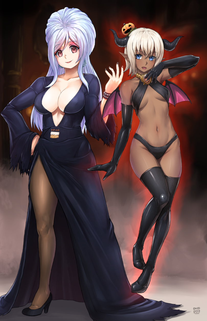 2girls bangs bat_wings belt big_hair bikini black_bikini black_dress black_footwear black_gloves black_legwear blue_eyes boots breasts center_opening cleavage closed_mouth collarbone dark_skin demon_girl demon_horns dress earrings elbow_gloves elf eyebrows_visible_through_hair finalcake floating full_body gem gloves halloween halter_top halterneck hand_on_hip hat high_heels highres horns indoors jack-o'-lantern jewelry large_breasts lipstick long_dress long_hair long_sleeves looking_at_viewer makeup medium_breasts mini_hat multiple_girls navel open_mouth original pantyhose pointy_ears red_eyes red_lipstick revealing_clothes shoes side_slit silver_hair smile succubus swept_bangs swimsuit thigh-highs thigh_boots under_boob white_hair wide_sleeves wings