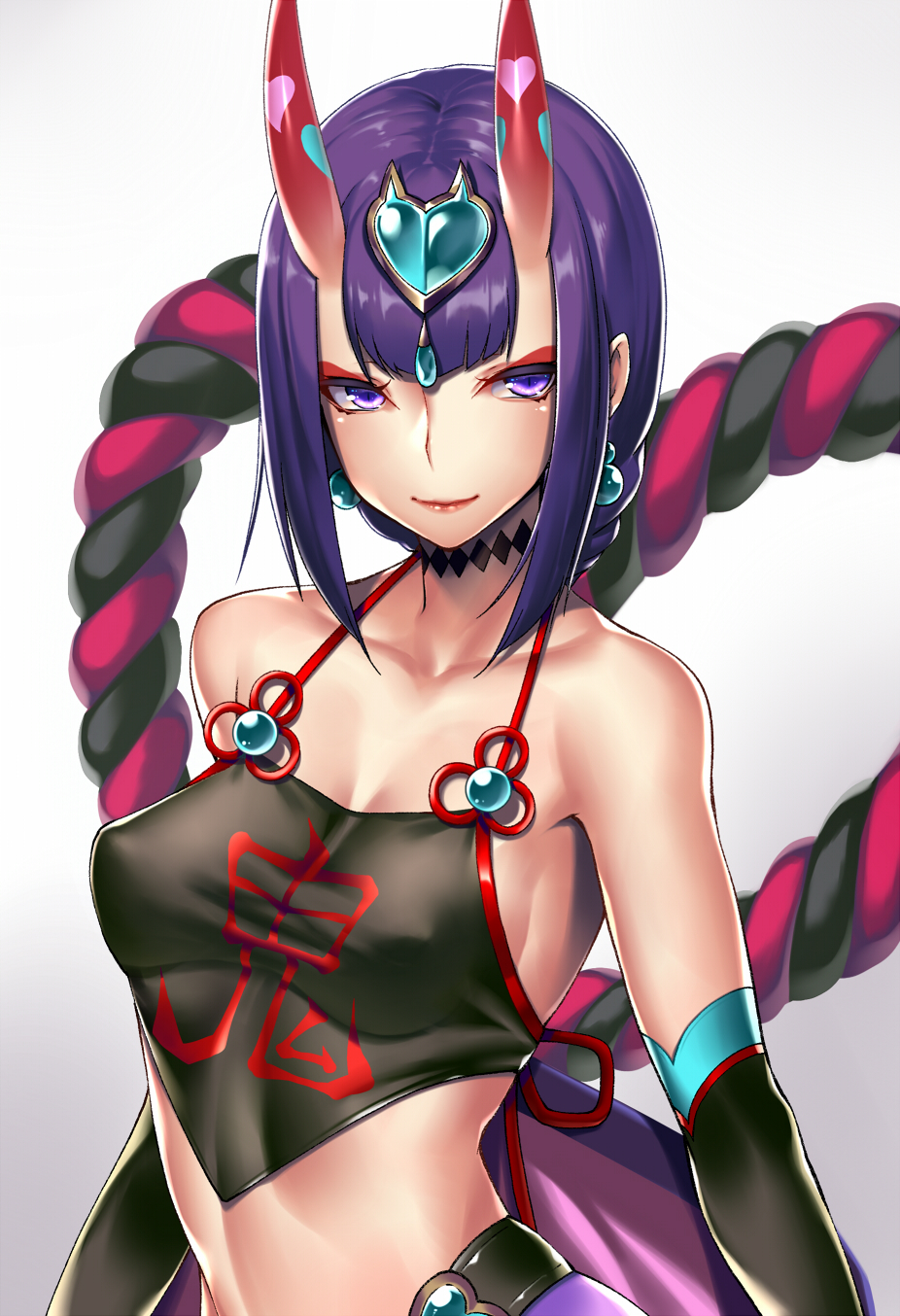 1girl bangs bare_shoulders black_choker blush breasts choker cleavage closed_mouth clothes_writing collarbone commentary_request crop_top detached_sleeves earrings eyeliner fate/grand_order fate_(series) gradient gradient_background grey_background headpiece heart highres jewelry lips looking_at_viewer makeup medium_breasts midriff oni_horns pointy_ears purple_hair red_lips rope shimenawa short_hair shuten_douji_(fate/grand_order) smile solo takanashi-a upper_body violet_eyes