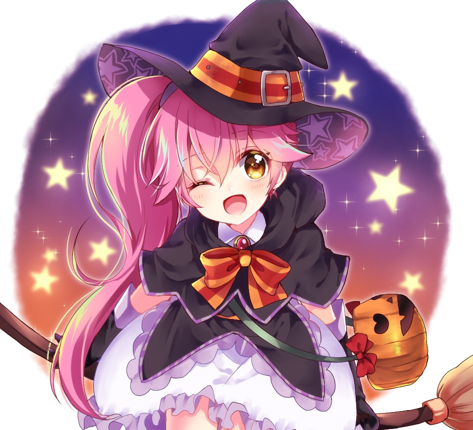1girl ;d black_capelet black_gloves black_hat bow bowtie broom capelet character_request cowboy_shot frilled_skirt frills gloves hat hat_belt head_tilt holding holding_broom leaning_forward long_hair nameneko_(124) one_eye_closed open_mouth pink_hair pumpkin side_ponytail skirt smile solo standing star very_long_hair white_background white_skirt witch_hat yellow_eyes