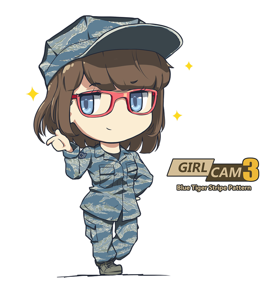 1girl blue_eyes boots brown_hair camouflage camouflage_hat camouflage_jacket camouflage_pants chibi commentary_request cross-laced_footwear graphite_(medium) hat lace-up_boots military military_hat military_uniform original pants red-framed_eyewear short_hair smile tantu_(tc1995) title traditional_media uniform white_background
