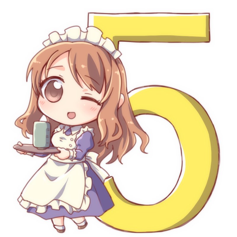 1girl ;) apron asahina_mikuru brown_eyes chibi commentary_request eyebrows_visible_through_hair full_body long_hair maid maid_apron one_eye_closed open_mouth simple_background smile solo suzumiya_haruhi_no_yuuutsu taiki_(6240taiki) white_background