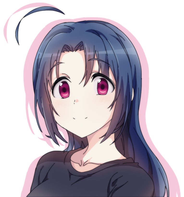 1girl ahoge black_shirt blue_hair collarbone eyebrows_visible_through_hair idolmaster idolmaster_(classic) long_hair looking_at_viewer miura_azusa portrait shiny shiny_hair shirt sidarim simple_background smile solo violet_eyes white_background