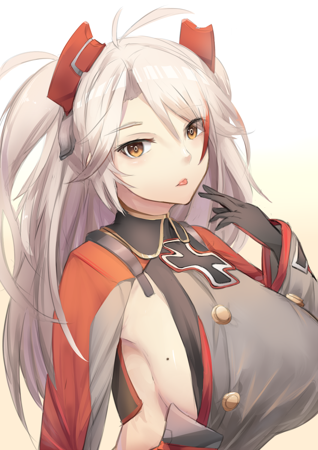 1girl :p azur_lane bangs breasts commentary_request eyebrows_visible_through_hair finger_to_mouth gloves headgear highres iron_cross mole mole_on_breast multicolored_hair prinz_eugen_(azur_lane) sideboob silver_hair streaked_hair swept_bangs tongue tongue_out uchisukui white_hair yellow_eyes