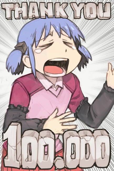 1girl bangs blue_hair closed_eyes collared_shirt english followers frills hair_cubes hair_ornament hands_up hankuri hits long_sleeves naganohara_mio nichijou open_mouth pink_shirt shirt short_twintails solo tears teeth thank_you twintails upper_body