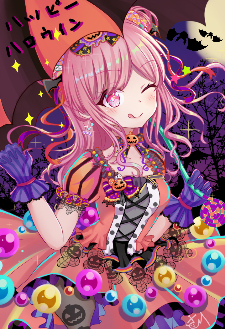 1girl ;q animal bang_dream! bat blush closed_mouth commentary_request cross-laced_clothes full_moon gloves halloween head_tilt holding holding_umbrella jack-o'-lantern long_hair maruyama_aya moon multicolored multicolored_umbrella night night_sky one_eye_closed orange_shirt orange_skirt outdoors pink_eyes pink_hair pleated_skirt puffy_short_sleeves puffy_sleeves purple_gloves satori_(ymoy) shirt short_sleeves skirt sky smile solo sparkle striped tongue tongue_out translated umbrella vertical-striped_gloves vertical_stripes