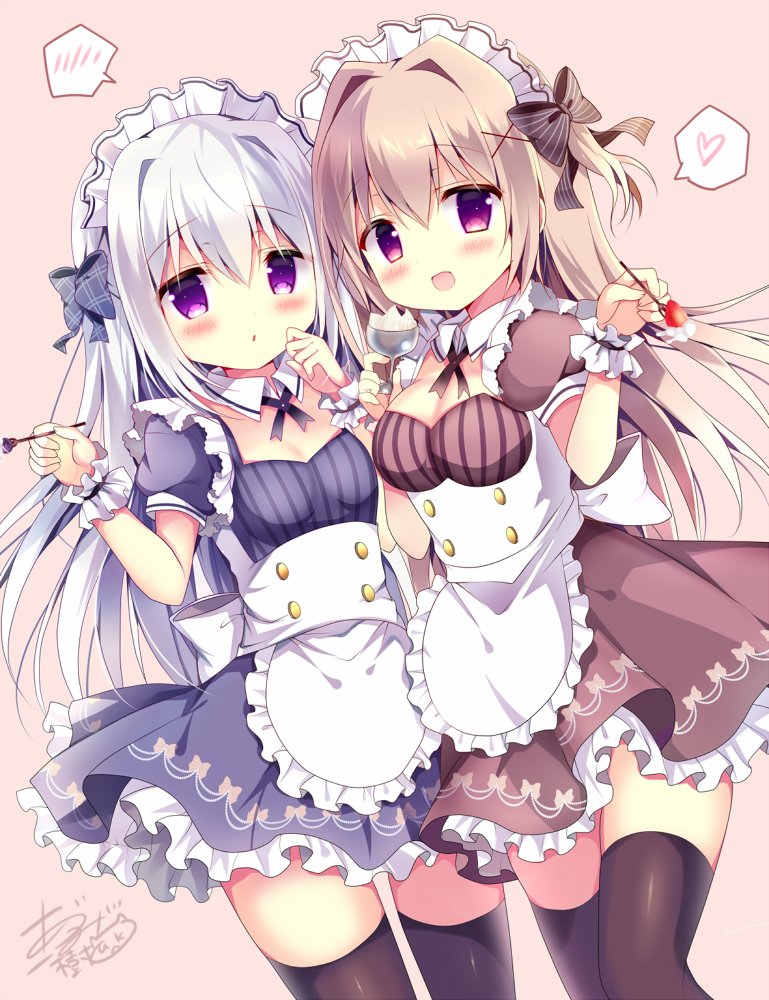 2girls :d apron azumi_kazuki bangs blue_bow blue_dress blush bow brown_background brown_bow brown_dress brown_legwear closed_mouth detached_collar dress dutch_angle eyebrows_visible_through_hair fingernails food fork frilled_apron frilled_dress frills fruit hair_between_eyes hair_bow hair_intakes hands_up heart holding holding_fork light_brown_hair long_hair maid maid_headdress multiple_girls one_side_up open_mouth original puffy_short_sleeves puffy_sleeves short_sleeves signature silver_hair smile spoken_blush spoken_heart strawberry striped striped_bow thigh-highs vertical-striped_dress vertical_stripes very_long_hair violet_eyes white_apron white_bow white_collar wing_collar wrist_cuffs