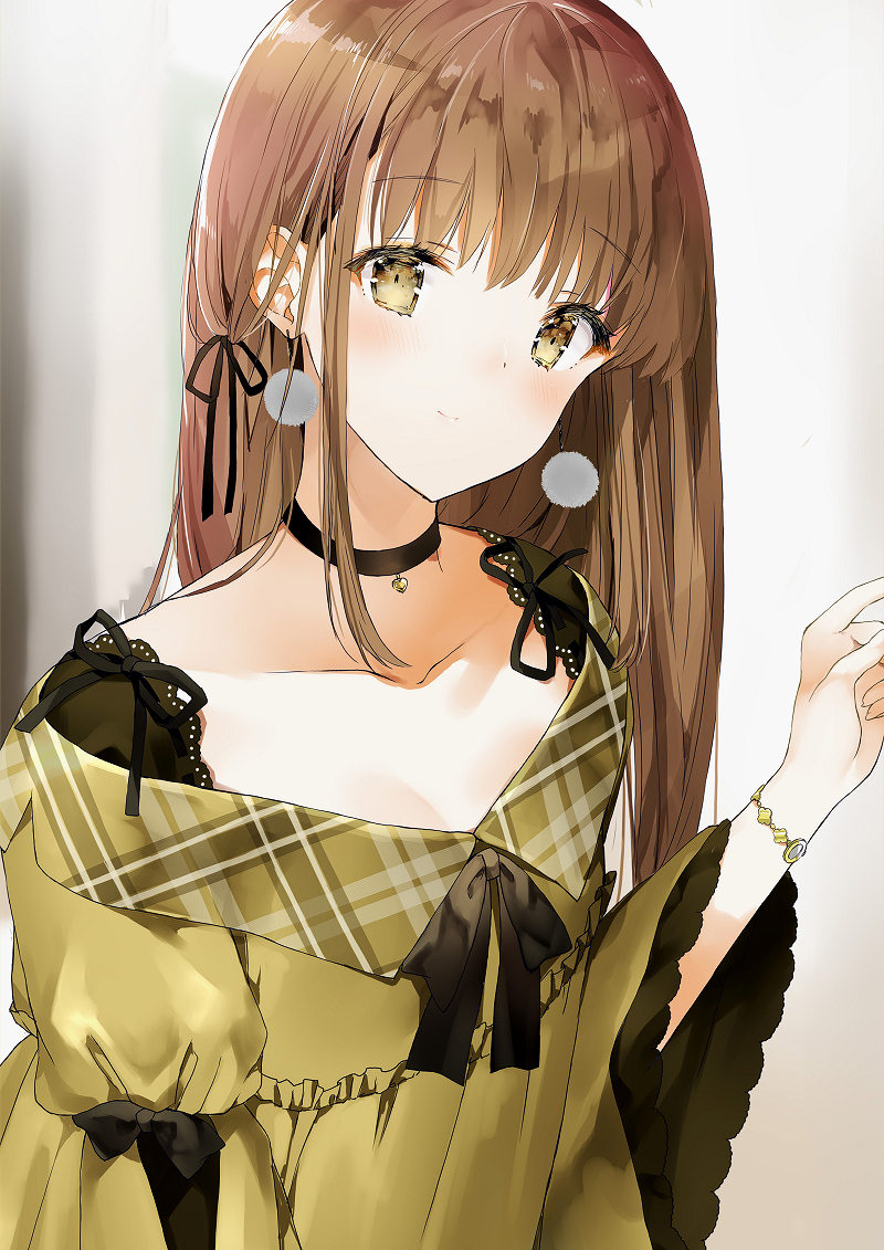 1girl bangs blurry blush bracelet brown_hair casual closed_mouth collarbone depth_of_field dress earrings eyebrows_visible_through_hair hand_up jewelry lace_trim long_hair looking_at_viewer original plaid plaid_dress shiro_(aotatikoma) sidelocks smile solo upper_body yellow_dress yellow_eyes