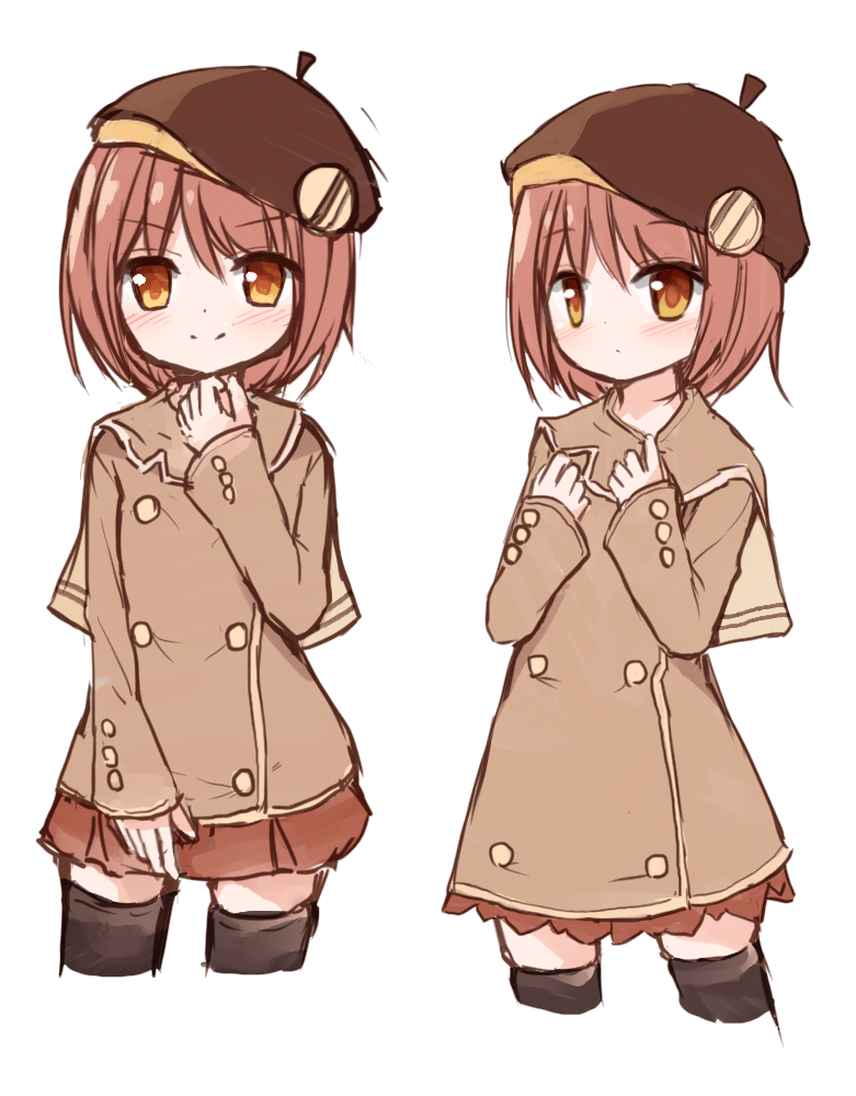 1girl bangs beret blush brown_eyes brown_hair brown_hat brown_jacket brown_legwear brown_skirt closed_mouth cropped_legs eyebrows_visible_through_hair hair_between_eyes hand_up hands_up hat jacket long_sleeves multiple_views original pleated_skirt skirt sleeves_past_wrists smile thigh-highs yuuhagi_(amaretto-no-natsu)