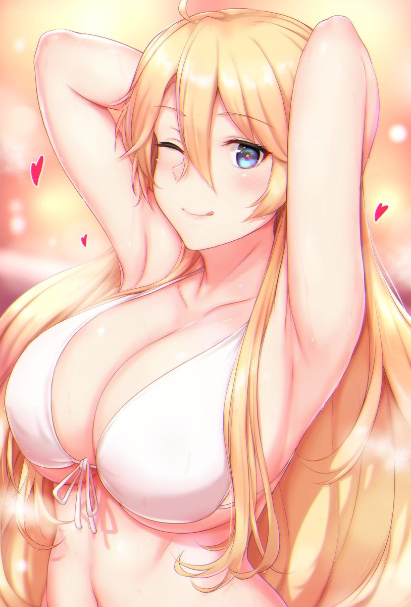 1girl ;q ahoge armpits arms_up bangs bikini blonde_hair blue_eyes blurry blurry_background blush breasts cleavage closed_mouth collarbone eyebrows_visible_through_hair front-tie_bikini front-tie_top hair_between_eyes heart highres iowa_(kantai_collection) kantai_collection large_breasts lipstick long_hair looking_at_viewer makeup navel one_eye_closed osterei pink_lips ribbon smile solo sweat swimsuit tongue tongue_out upper_body white_bikini white_ribbon
