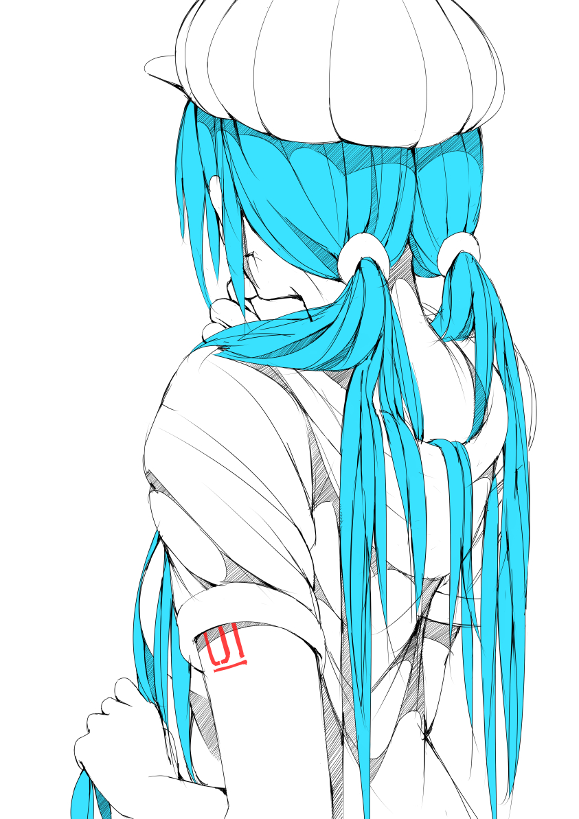 1girl aqua_hair back chin_stroking from_behind hair_ornament hair_scrunchie hat hatsune_miku holding holding_hair hood hoodie hsumiaochan long_hair nape ribbed_hat scrunchie short_sleeve_sweater short_sleeves solo tattoo twintails vocaloid white_background