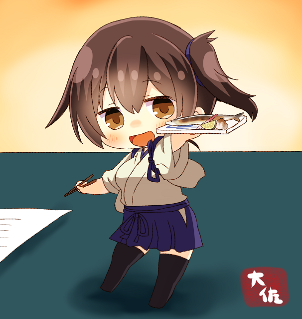 1girl :d animal artist_name black_legwear blue_hakama blush brown_eyes brown_hair chibi chopsticks fish full_body hair_between_eyes hakama hakama_skirt holding holding_chopsticks japanese_clothes kaga_(kantai_collection) kantai_collection long_hair open_mouth saury short_hair side_ponytail smile solo taisa_(kari) tasuki teal_background thigh-highs two-tone_background yellow_background