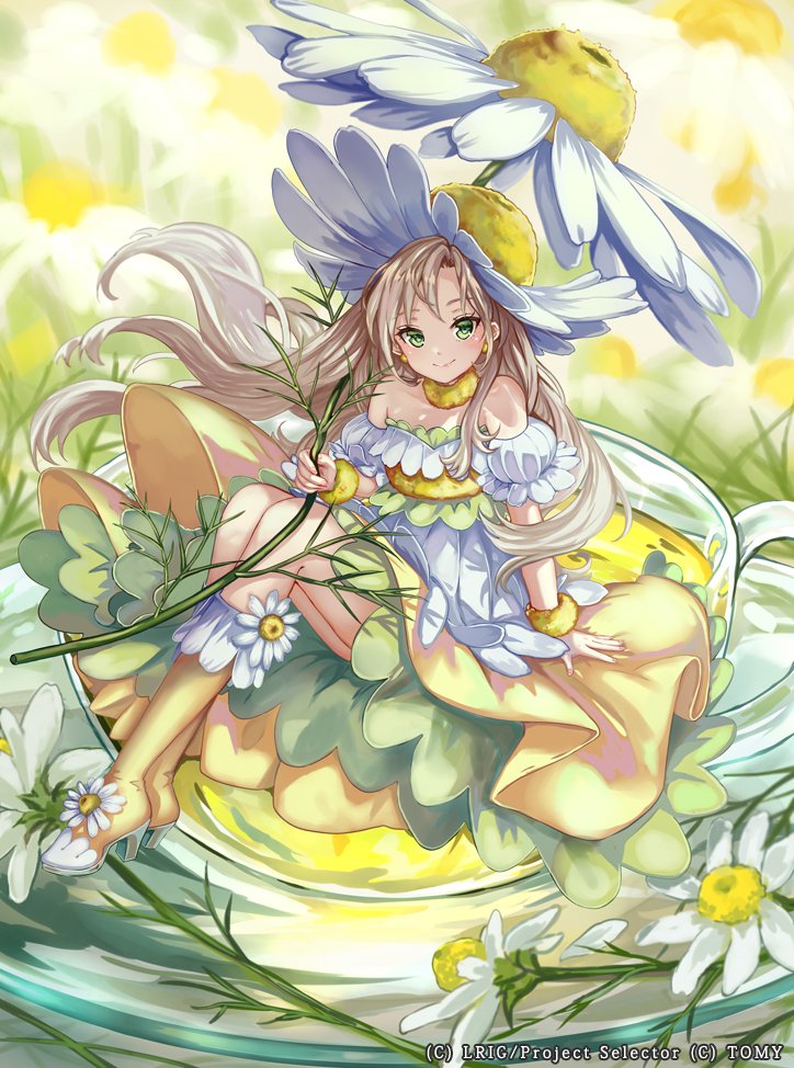 1girl blonde_hair choker closed_mouth commentary_request daisy dress flower green_eyes hat long_hair looking_at_viewer original pisuke sitting solo wristband